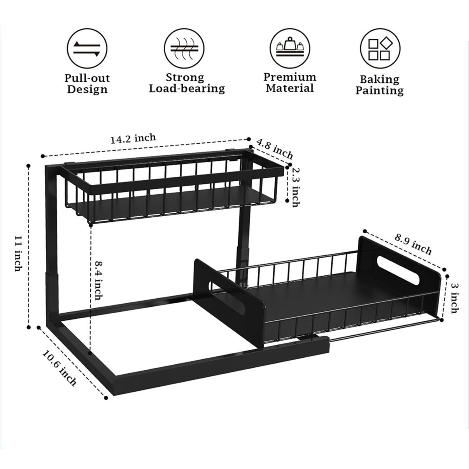 2-Tier Under Sink Organizer with Slide-Out Drawers, Easy to Disassemble Iron Frame