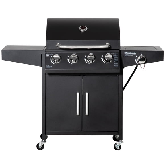 CoSoTower 4+1 Burner Liquid Propane Gas Grill Outdoor Cabinet Style BBQ Trolley w/ Side Burner, Warming Rack, Side Shelf, Storage Cabinet, Thermometer, 4 Wheels, Carbon Steel, Black
