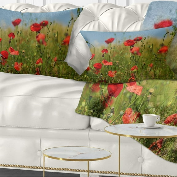 Designart Wild Poppy Flowers in Green Garden - Floral Throw Pillow - 12x20
