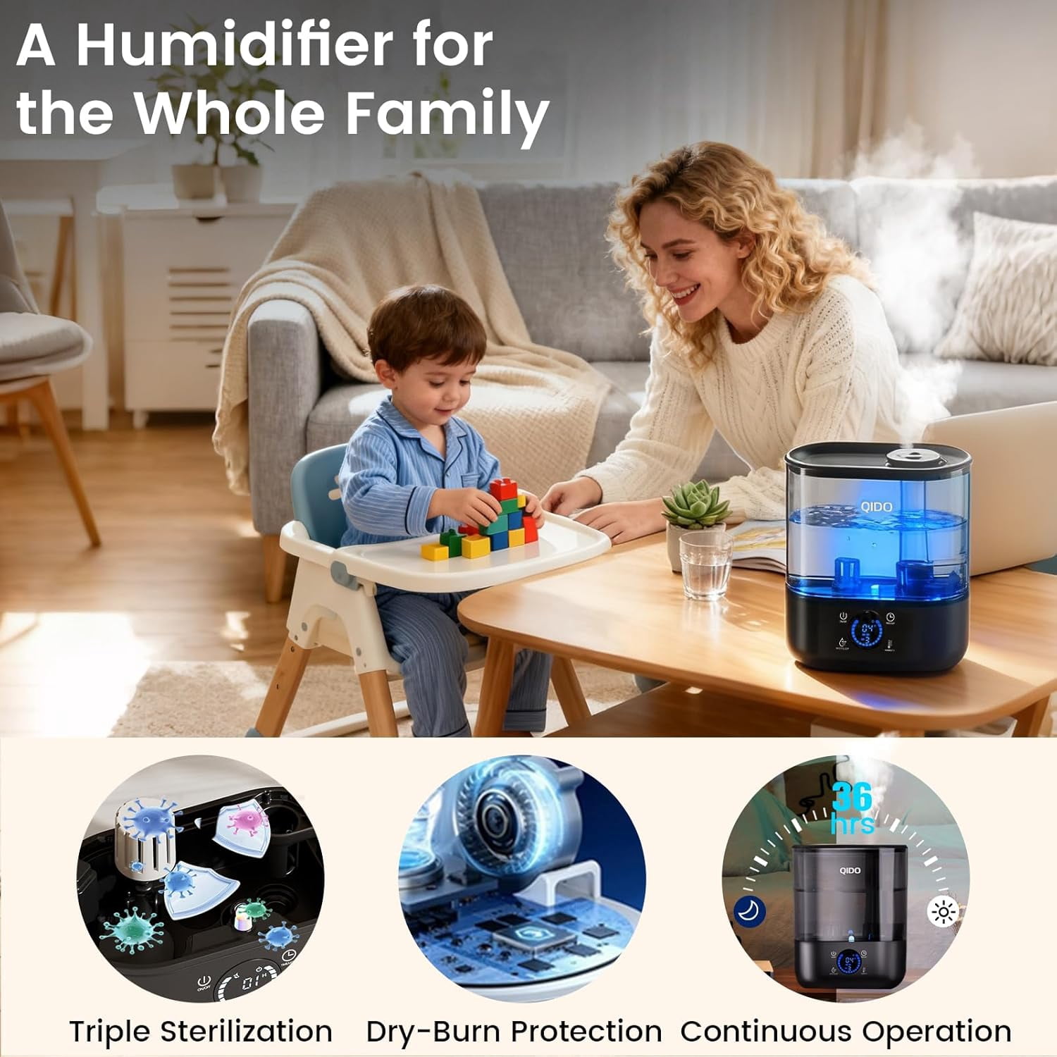 Top Fill Humidifiers for Bedroom, 5 L Cool Mist 36H Super Long Time, Quiet 28dB Essential Oil Diffuser for Baby & Plants, 3 adjustable Mist with Touch/APP/7-color Nightlight, Auto Shut-off, Black