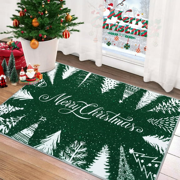 Christmas Area Rug Non-Slip Door Rugs for Entryway, Washable Kitchen Runner Rugs Non Skid Laundry Bathroom Mat Christmas Tree Print Indoor Doormat for Bedside Holiday Decor