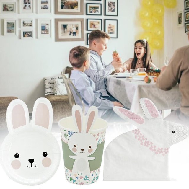 Disposable Dinnerware Plates Set Easter Cartoon Rabbit Tableware Paper Cup Napkin for Children Birthday Party Supplies