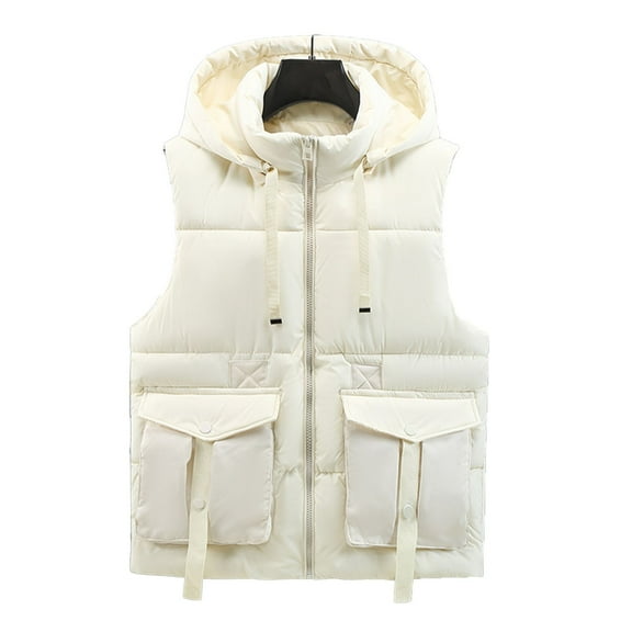 Vest Jackets For Men Sleeveless Stand Collar Full-Zip Drawstring Hooded Cardigan Thermal Warm Casual Coat With Pockets (XL, White)