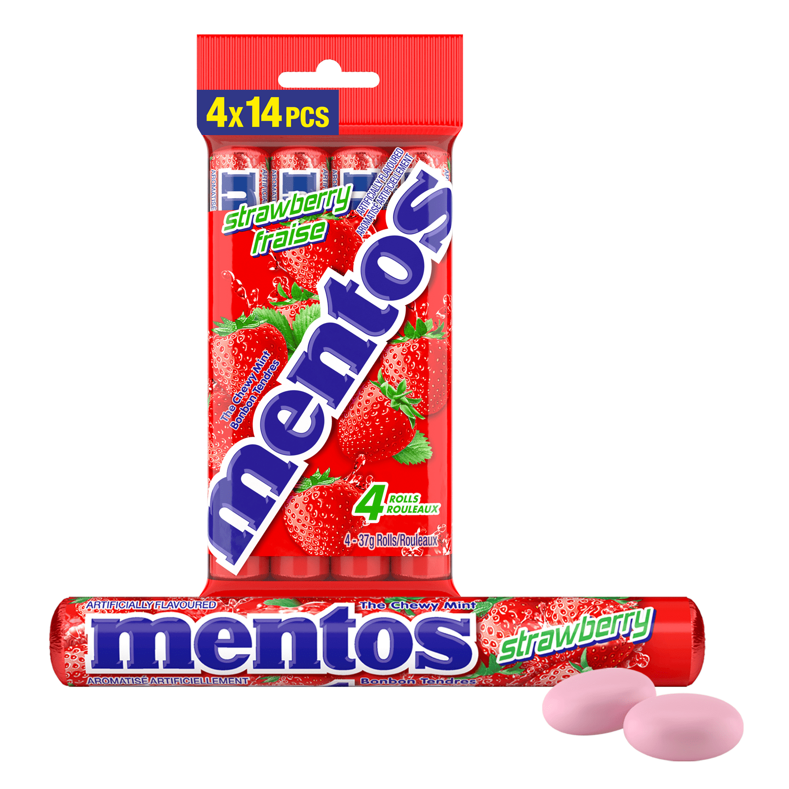 Mentos Chewy Mints, Strawberry - Pack of 4 Rolls (56 Pieces), 37g per roll