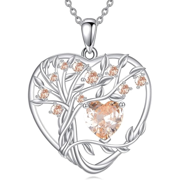 MYSTICPOEM Tree of Life Necklace Sterling Silver Birthstone Pendant Heart Jewelry Anniversary Birthday Gifts for Women