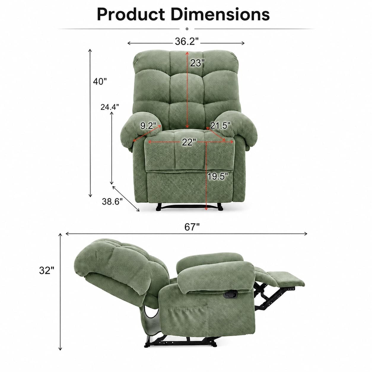 Aukfa Overstuffed Manual Recliner Chair, Upholstered Glider Lounge Armchair with Footrest for Bedroom Reading,Green