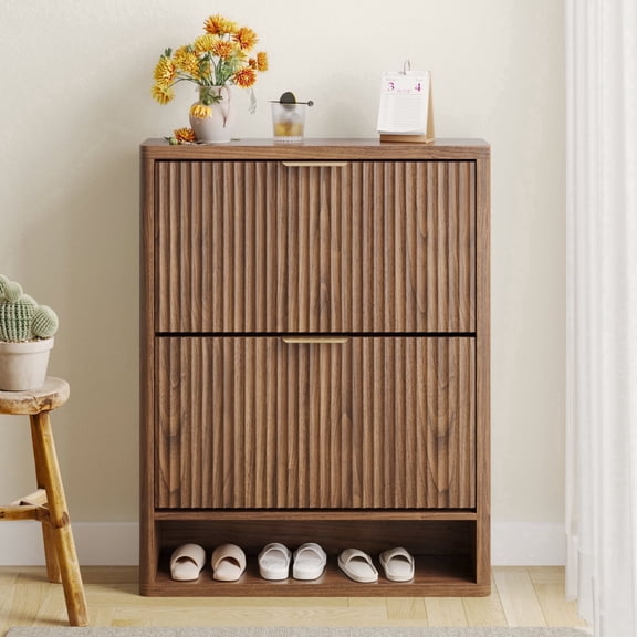 Pusnapku 40" Fluted Shoe Storage Cabinet, Freestanding Wood Entryway Cabinet with 2 Flip Drawer, Narrow Hidden Shoe Storage Organizer for Living Room