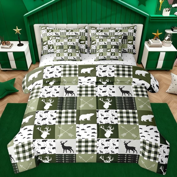 Homewish Wildlife Moose Elk Twin Bedding Sets 7-Piece, Woodland Animal Bear Bedding Comforter Set, Green Rustic Farmhouse Reversible Sheet Sets, Super Cozy Room Decor