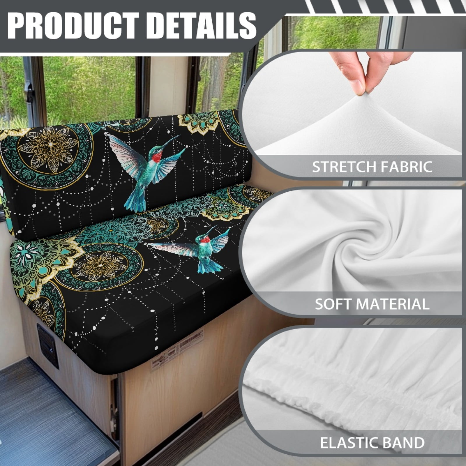 FOR U DESIGNS Boho Mandala Hummingbird Pattern 2 Pcs RV Dinette Cushion Covers Breathable Camper Cushion Slipcover Stretch 2 Seat Sofa Chair Cover Camper Seat Covers Dinette Booth