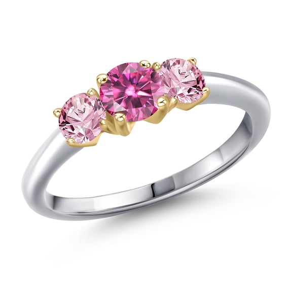 Gem Stone King 10K Two Tone Gold Pink Moissanite and Pink Lab Grown Diamond Engagement Ring for Women | 1.00 Cttw | Round 5MM | Gemstone Birthstone | Size 9