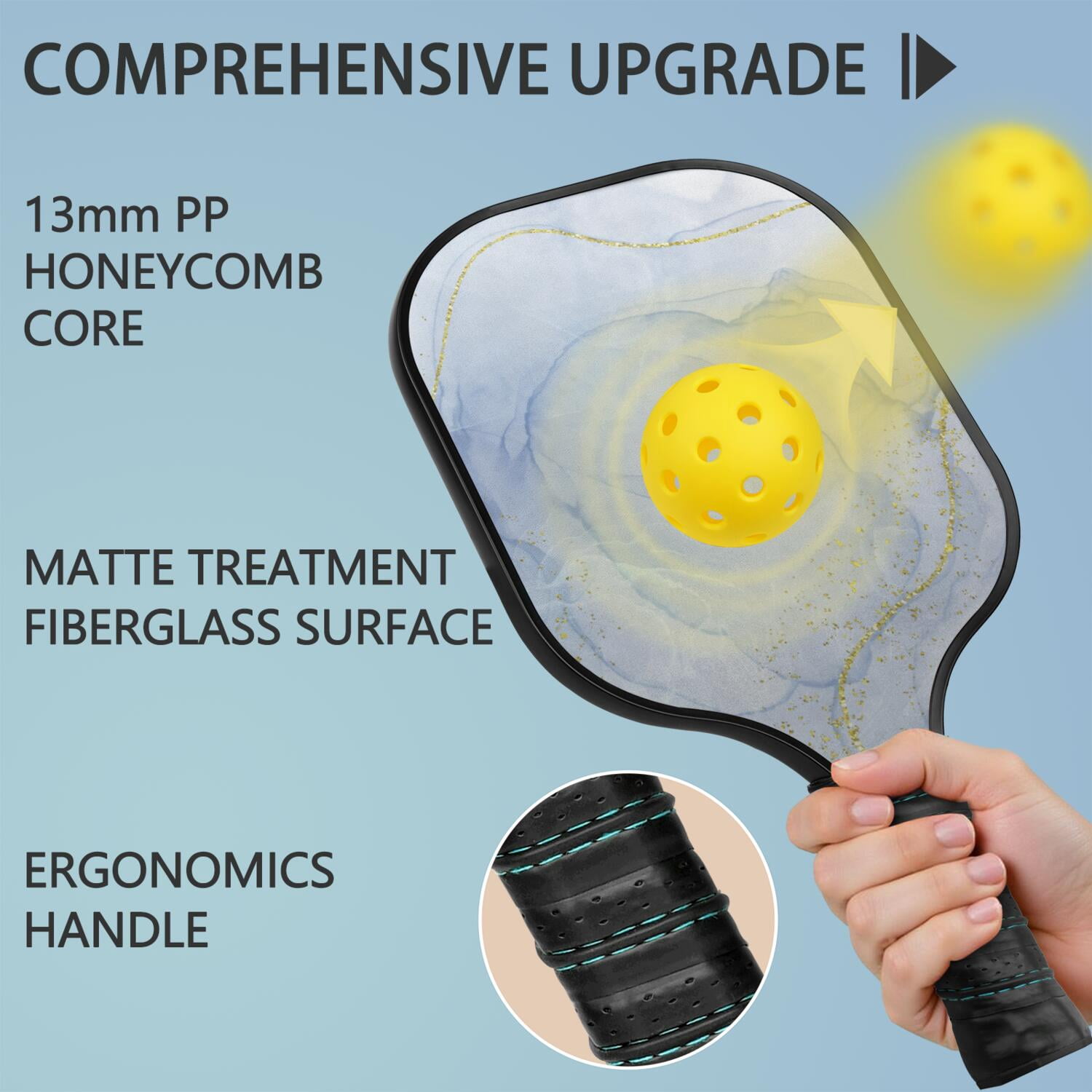 Pickleball Paddles Set Of 2, Fiberglass Surface, Turquoise Marble Pattern, 4 Balls & Bag