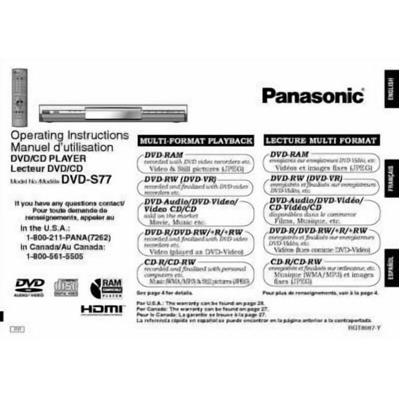 Instruction Manual ONLY for Panasonic DVD-S77 DVD Player Owners Instruction Manual REPRINT