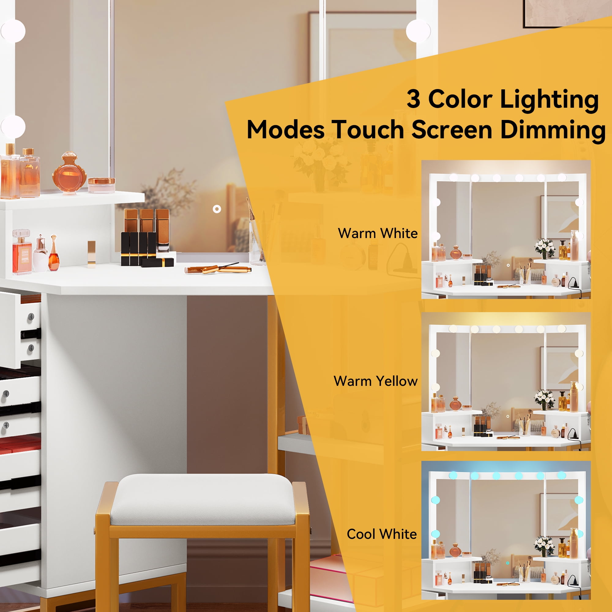 Uforic Corner Vanity Desk with Mirror, Lights, Power Outlet, Adjustable Brightness, White
