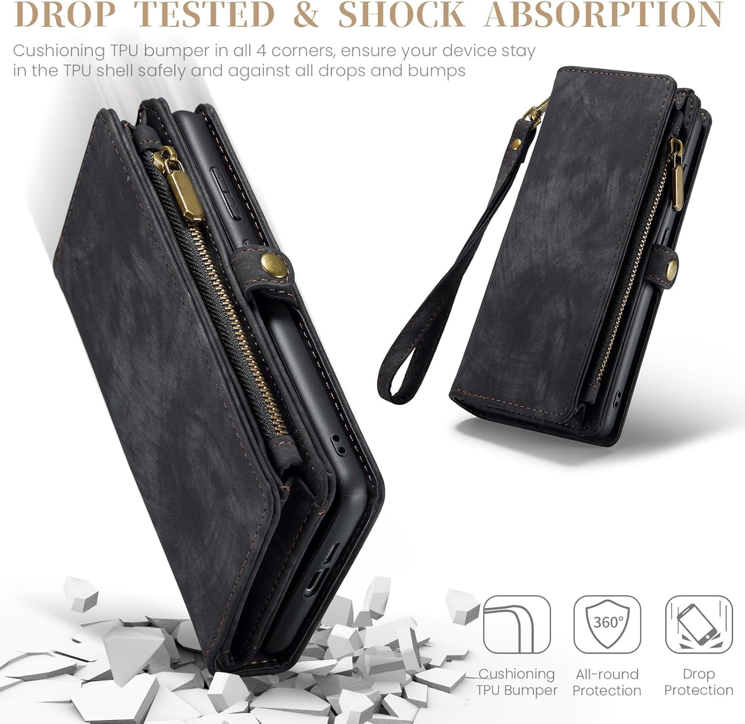 Phone Case for Samsung Galaxy S24 5G Zipper Wallet Detachable Cover with Tempered Glass Screen Protector and Leather Flip Credit Card Holder Cell Accessories S 24 24S GS24 G5 Women Men Black
