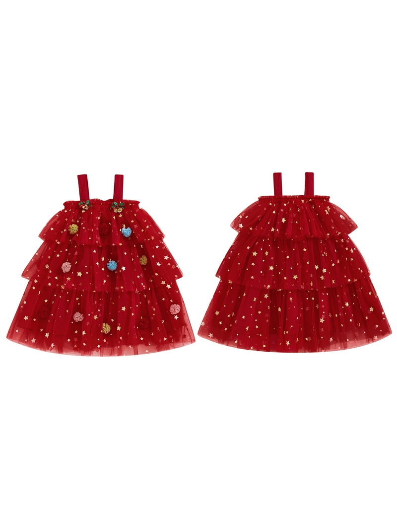 Cjfdfy Toddler Baby Girl Christmas Dress Infant Christmas Cake Smash Outfit Strap Sleeveless Star Sequin Layered Tutu Tulle Dress with Pompom Little Girls Birthday Party Clothes Xmas Tree Dresses