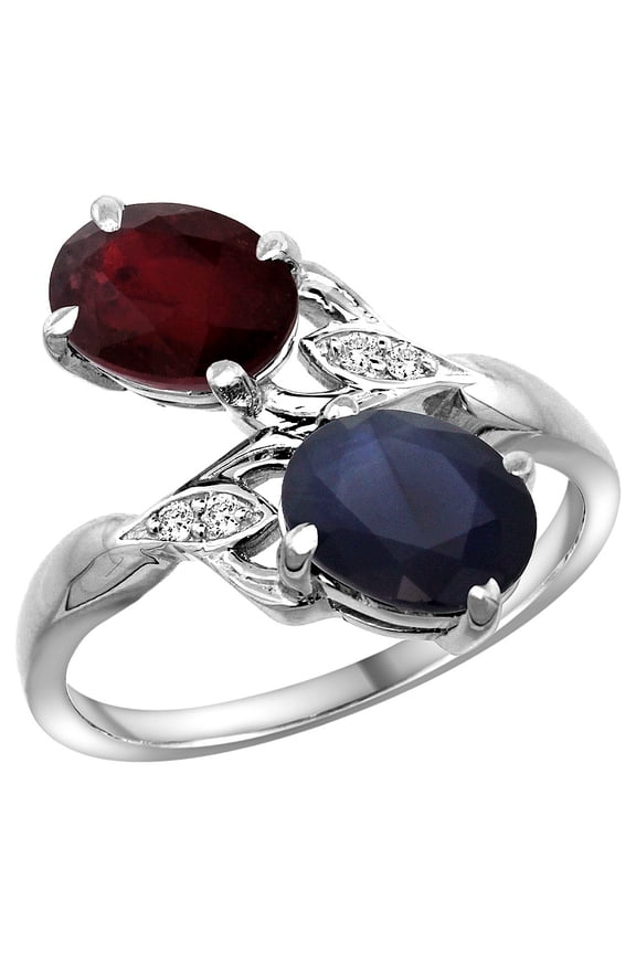 14k White Gold Diamond Natural HQ Ruby & Australian Sapphire 2-stone Ring Oval 8x6mm, size 6