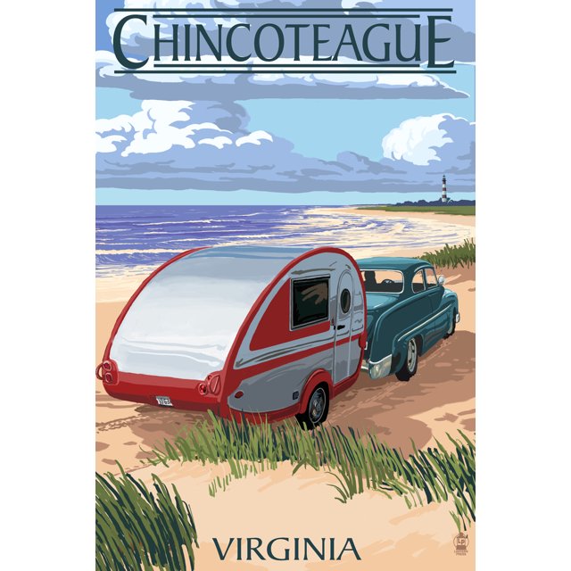 Chincoteague, Virginia, Retro Camper on Beach (24x36 Giclee Gallery Art