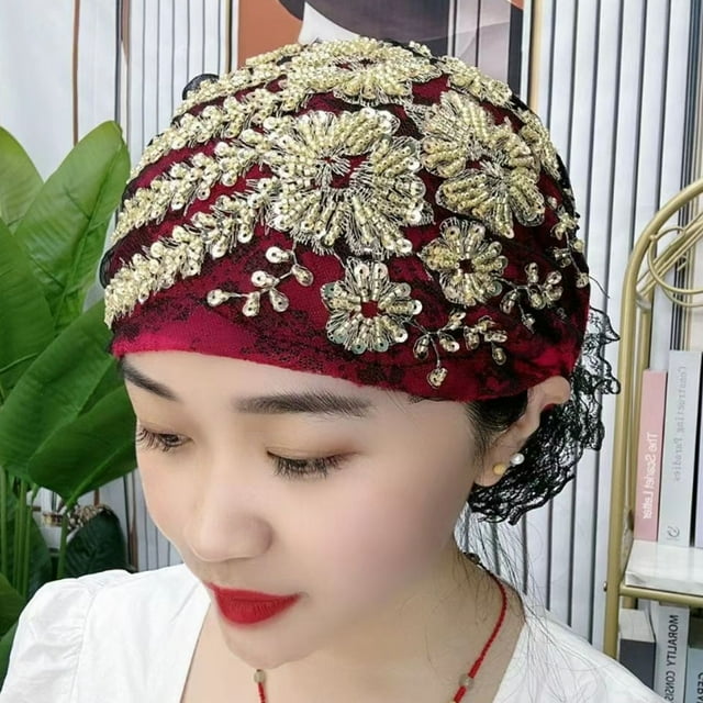 YAOBAMM Ladies Turban Hat Sequin Decor Ladies Turban Hat Color Matching Embroidery Lightweight Headscarf Daily Beanie