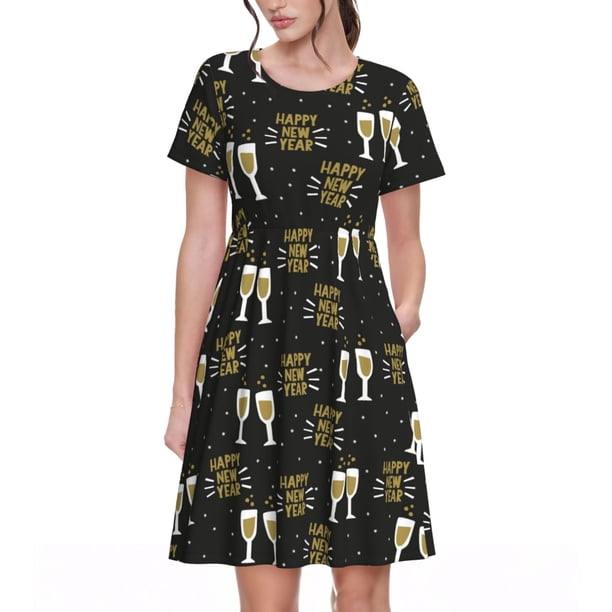 Disketp Happy New Year para Vestido de Manga Corta para Mujeres, Vestidos de Verano para Mujeres, Casual y Holgado para la Playa