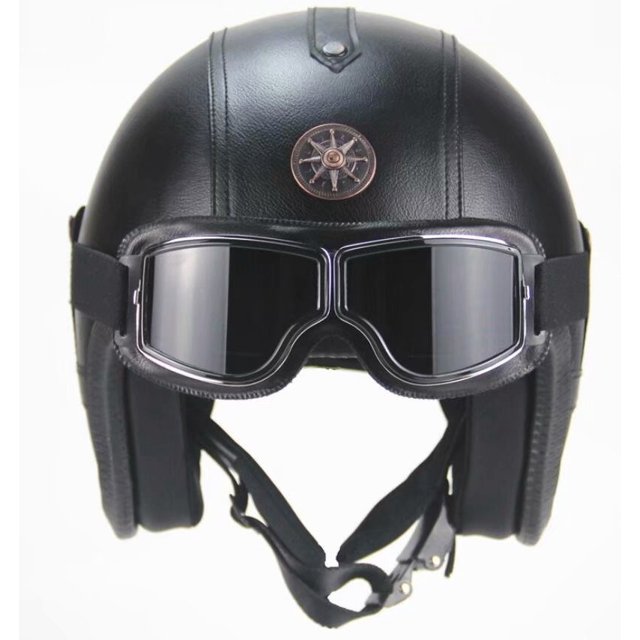 auriculares deportivos al aire libre mano personalidad Harley vintage casco de bicicleta eléctrica 3/4 medio casco auriculares de cuero (negro clásico (incluyendo gafas retro) Código S)