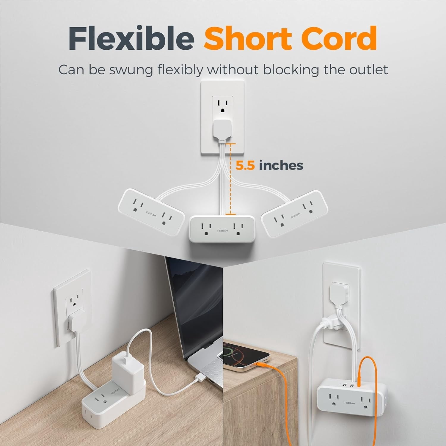 Short Extension Cord 0.5Ft, Flat Plug Outlet Extender Surge Protector with 4 Widely AC with 3 USB Ports (1 USB C), Multi Plug Small Power Strip for Travel, Home Office College Dorm Essentials