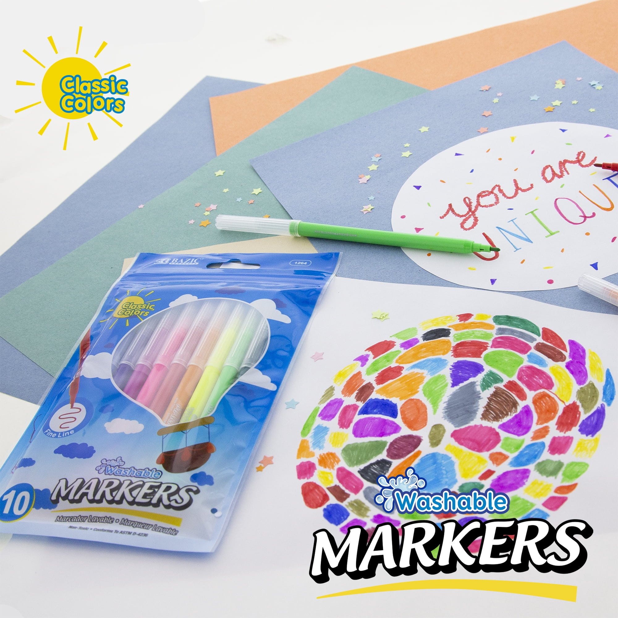 BAZIC Fine Line 10 Colors Washable Coloring Markers (10/Pack), 24-Pack