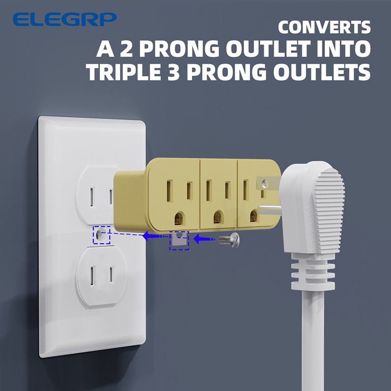 ELEGRP 2 to 3 Prong Grounded Triple Outlet Extender, 2 Prong to 3 Prong  Triple Outlet Grounding Adapter Plug, Ivory （3 pack)