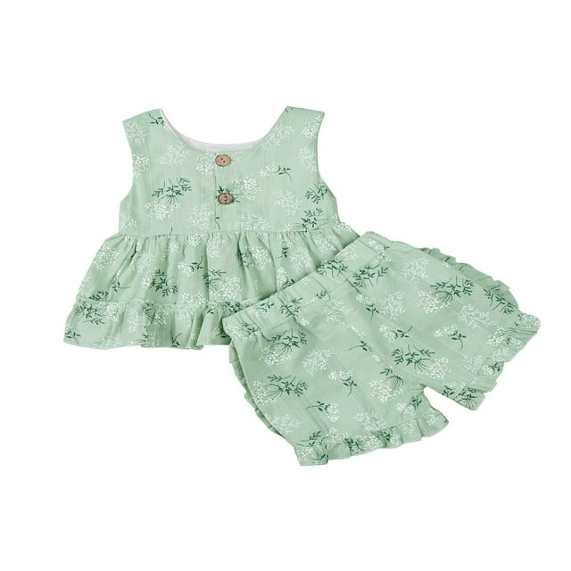 Bébé Fille Volants Imprimés à Fleurs Sans Manches Tops et Pantalons Courts 1-2 Ans
