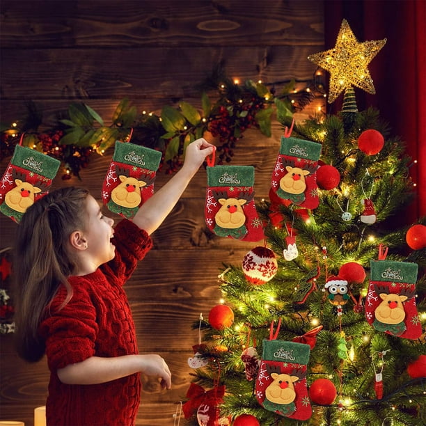 Porta cubiertos para calcetines navideños, bolsita para dulces, bolsa para cuchillo, cuchara y tenedor, decoración para calcetines navideños, colgante para árbol de Navidad, calcetines navideños de te