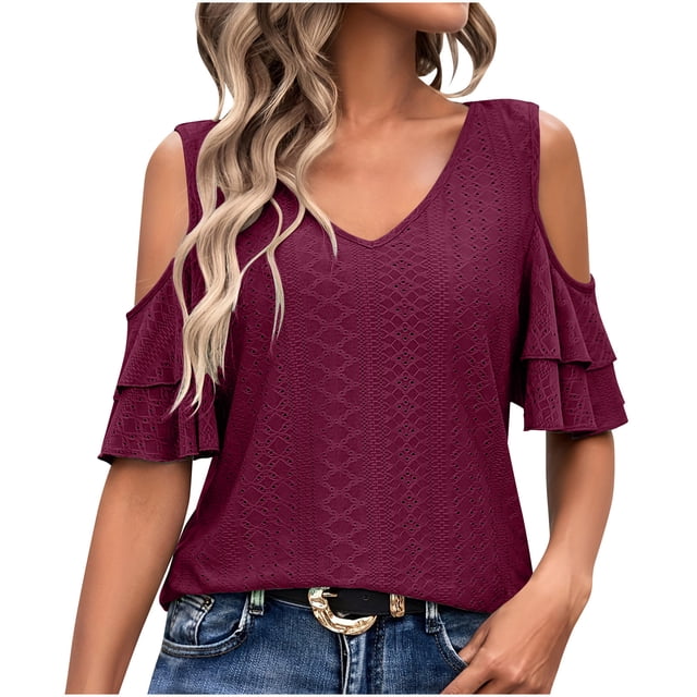 AherBiu Beach Tops for Women Eyelet Layered Ruffle Sleeve Cold Shoulder V Neck Summer Boho Shirts Blouse