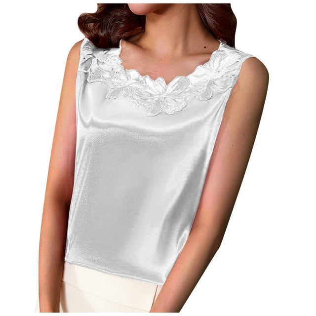 Timegard Débardeurs Grande Taille pour Femmes Dentelle Mode Col Rond Sans Manches Chemises Couleur Unie Hauts Confortables