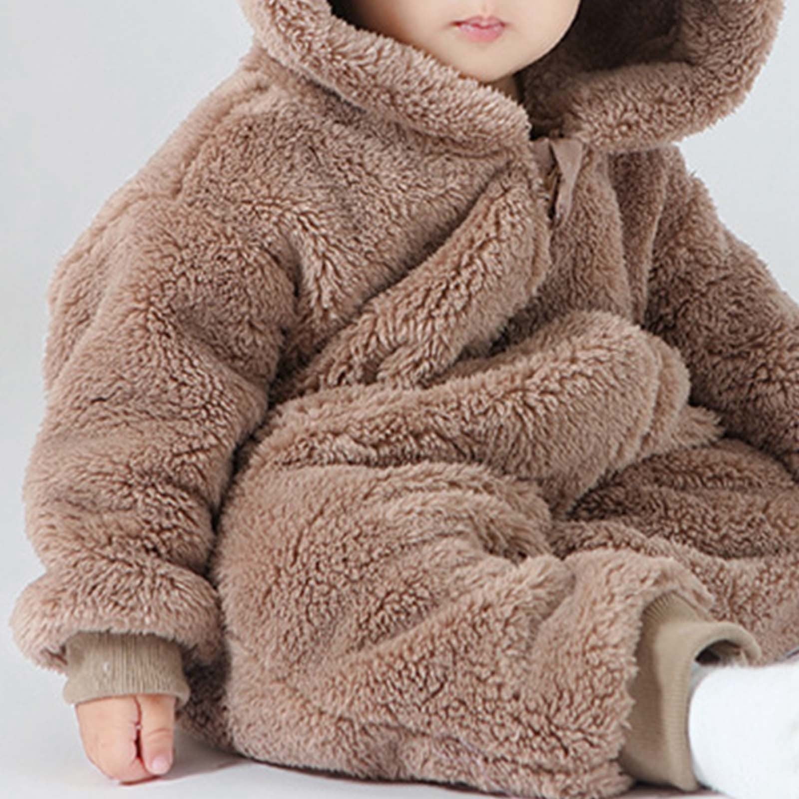 ibiyuan Baby Boy Fall Outfits,Baby Girls Long Sleeve Hooded Jumpsuit Romper Outfits Winter Warm Clothes,Khaki,12-18 Months