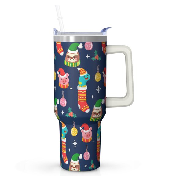 40oz Xmas Tumbler with Lid and Straw, Stainless Steel Cup with Handle Snowflakes Travel Coffee Mug, Christmas Gifts