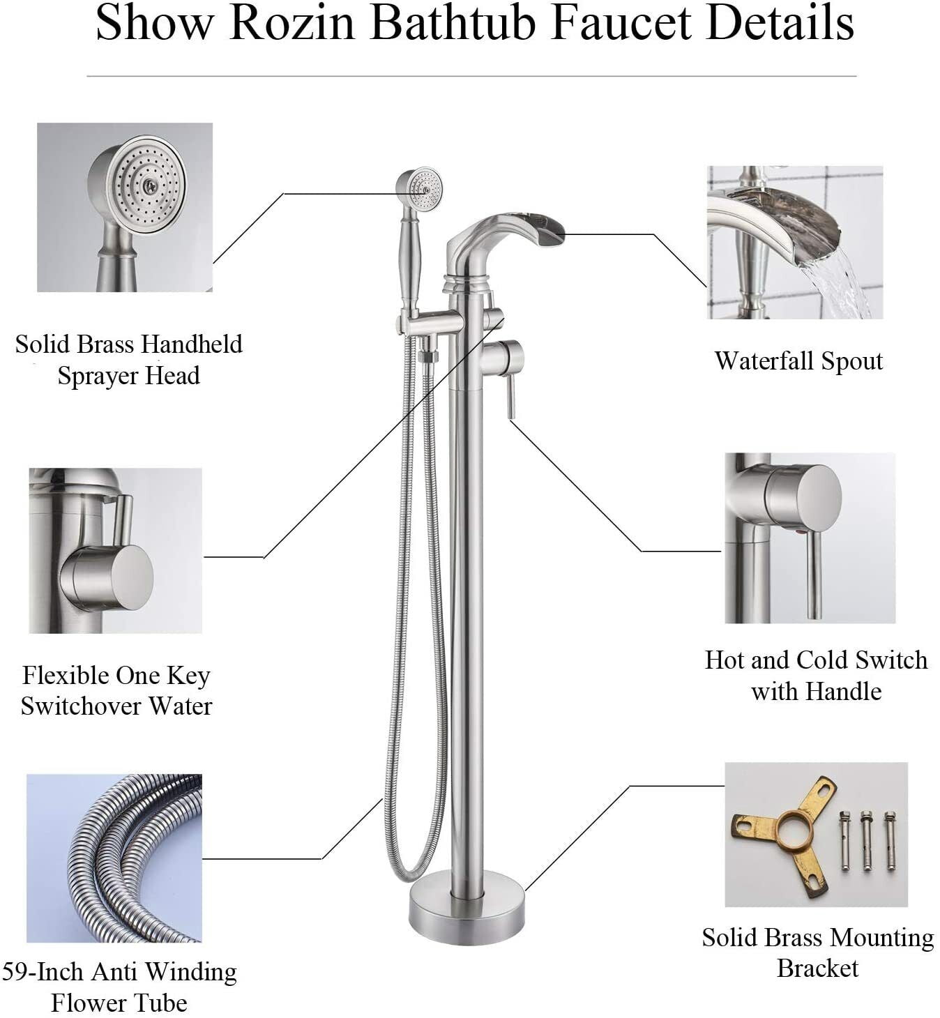 Brushed Nickel Freestanding Bathtub Faucet Floor Mount Bathroom Tub Filler Spout