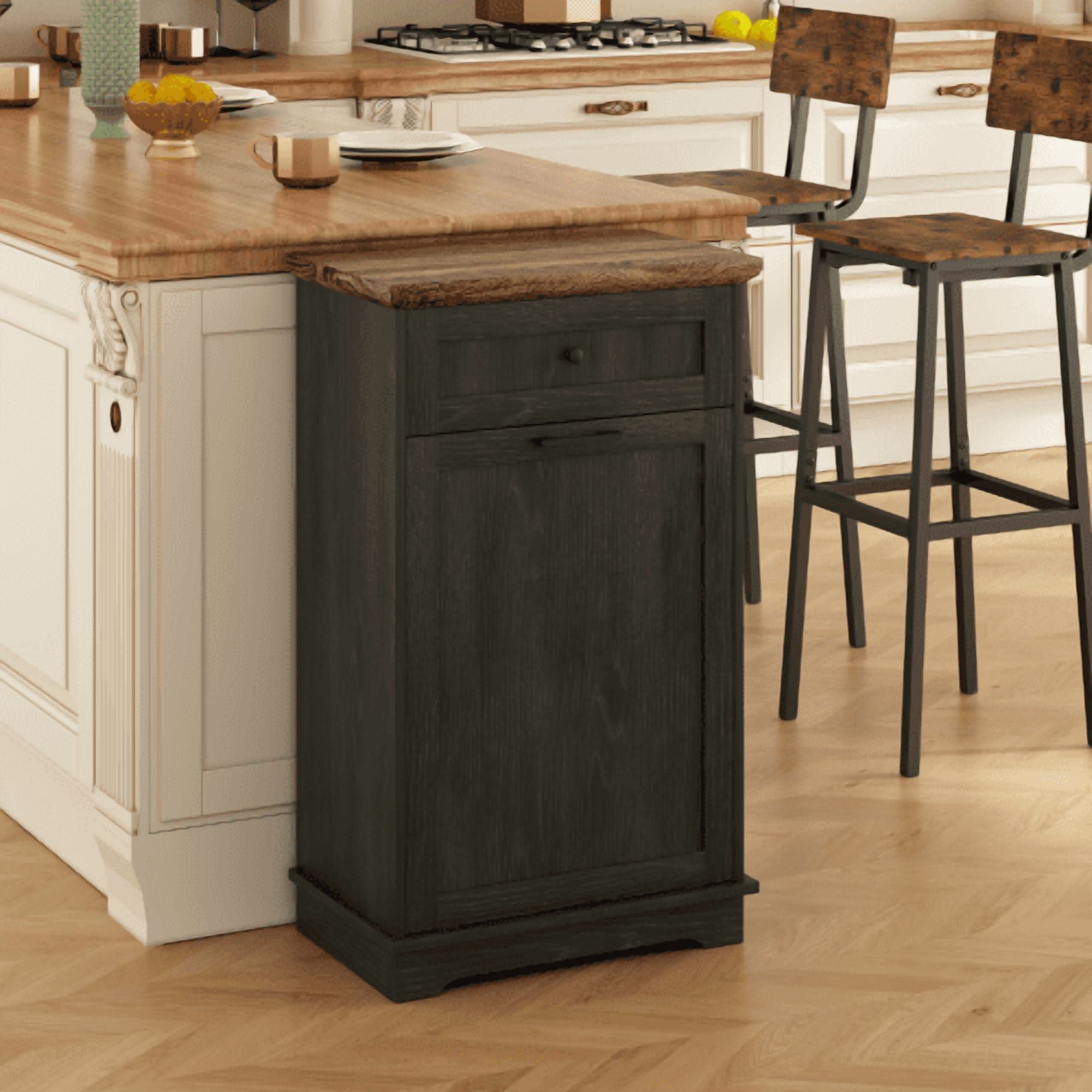 10 Gallon Tilt Out Trash Cabinet, Freestanding Wooden Garbage Recycling Bin with Hideaway Drawer, Pet Proof Trash Can Holder for Kitchen Living Room, Antique Black (Trash Can Not Included)