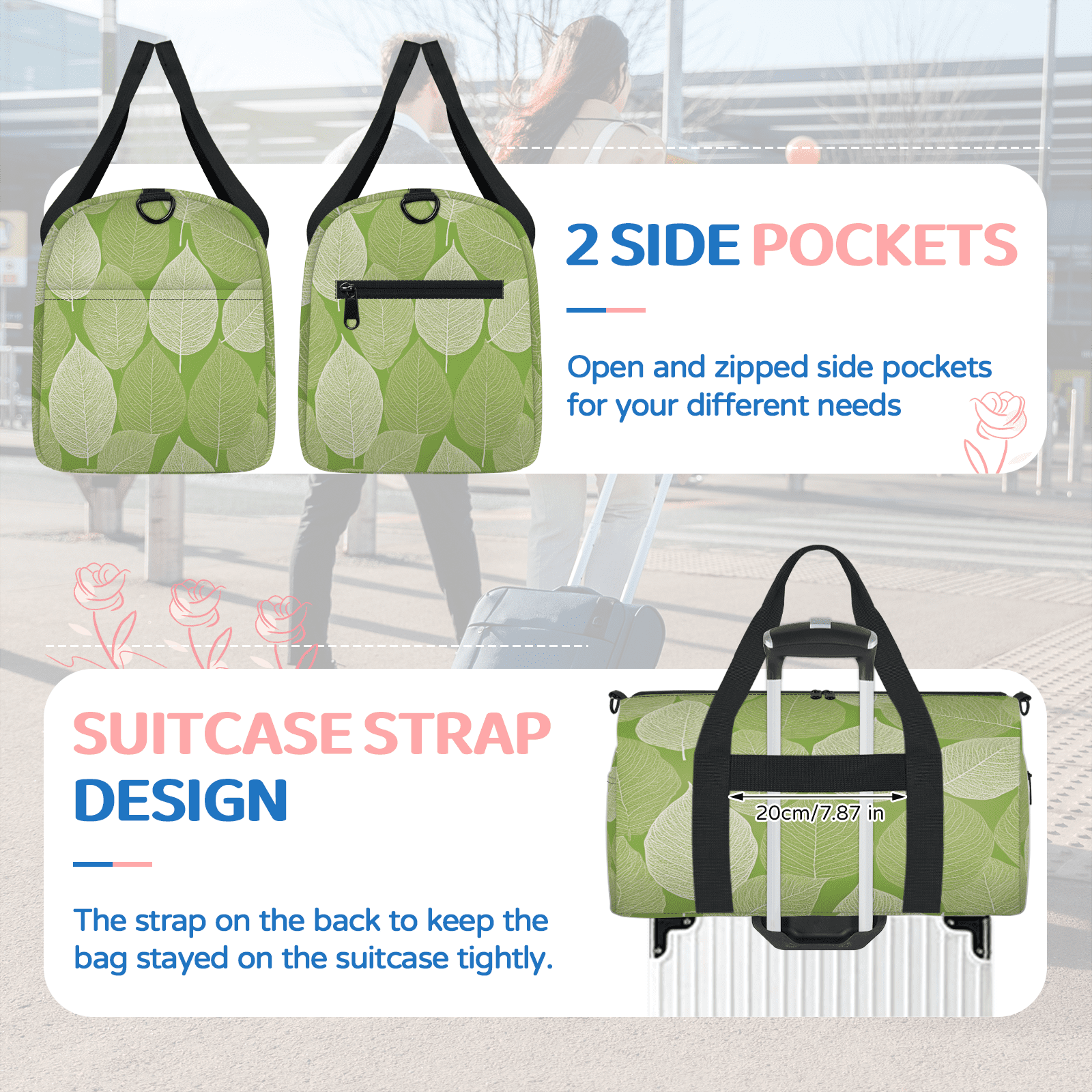 Herdesigns Leaf Travel Duffle Bag Sports Yoga Weekender Overnight Carry on Workout Bags Lightweight Waterproof Gym Tote Bag for Women Green Leaves
