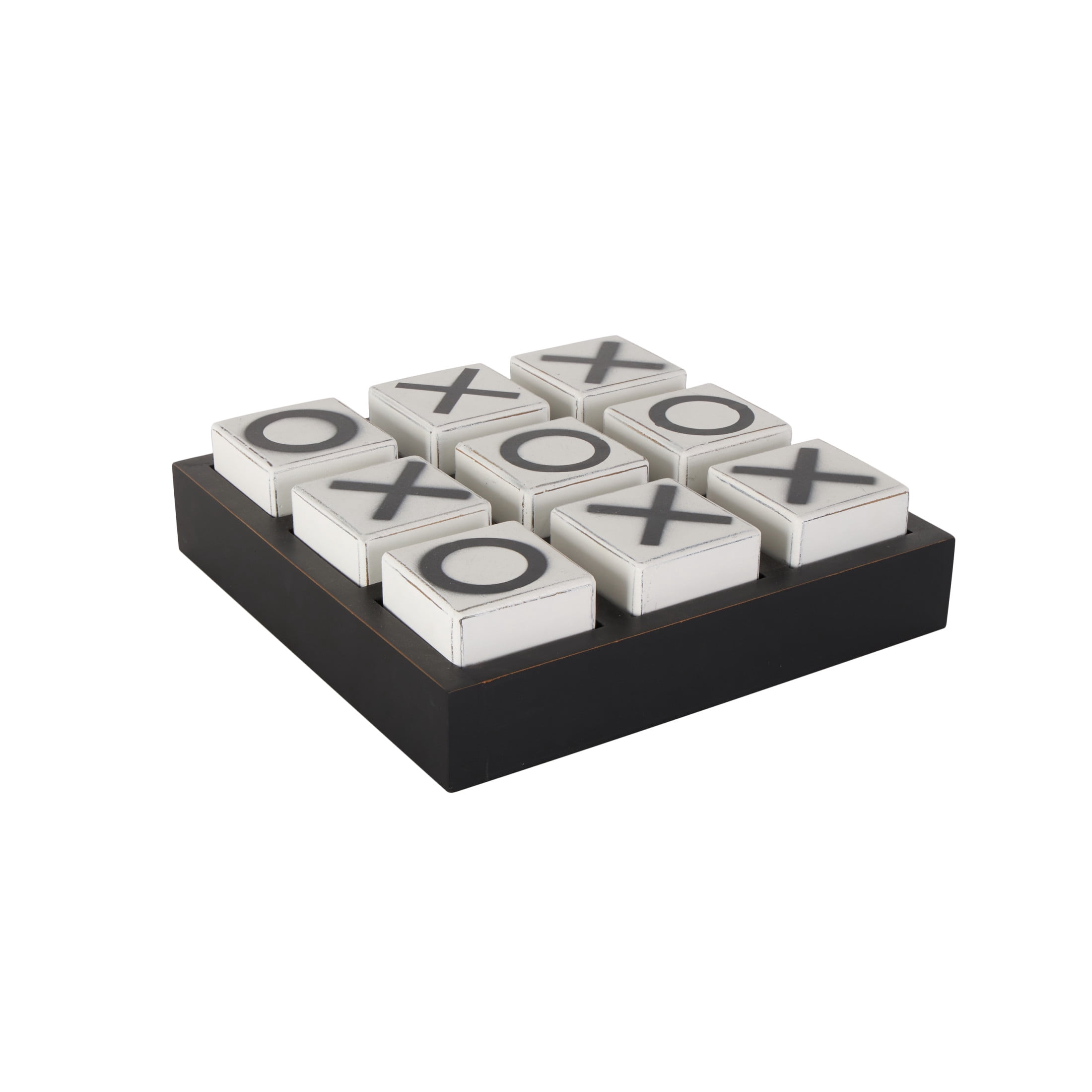 DecMode 14" x 4" Black Wooden Tic Tac Toe Game Set with White Block Pieces, 1-Piece