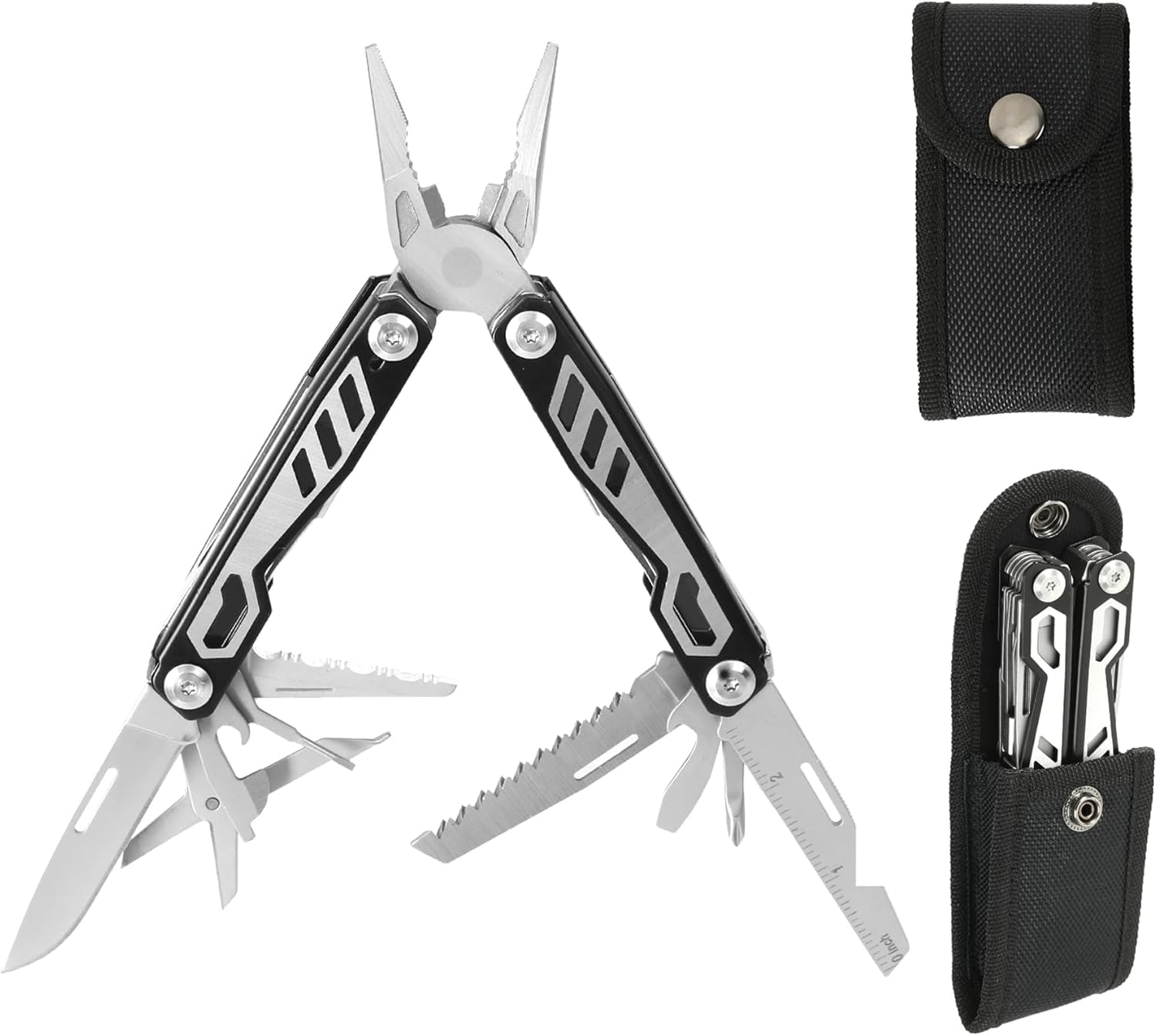 RGHJAR-16-in-1 Compact Multitool, Full-Size, Multi Tool for DIY, High-Grip Black Handle - EDC/Hiking/Garden Essential/Outdoors