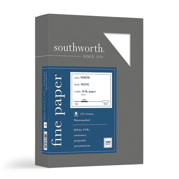 Business Paper Southworth, 25% algodón, 8,5 x 11 cm, 24 libras, 500 hojas, color blanco