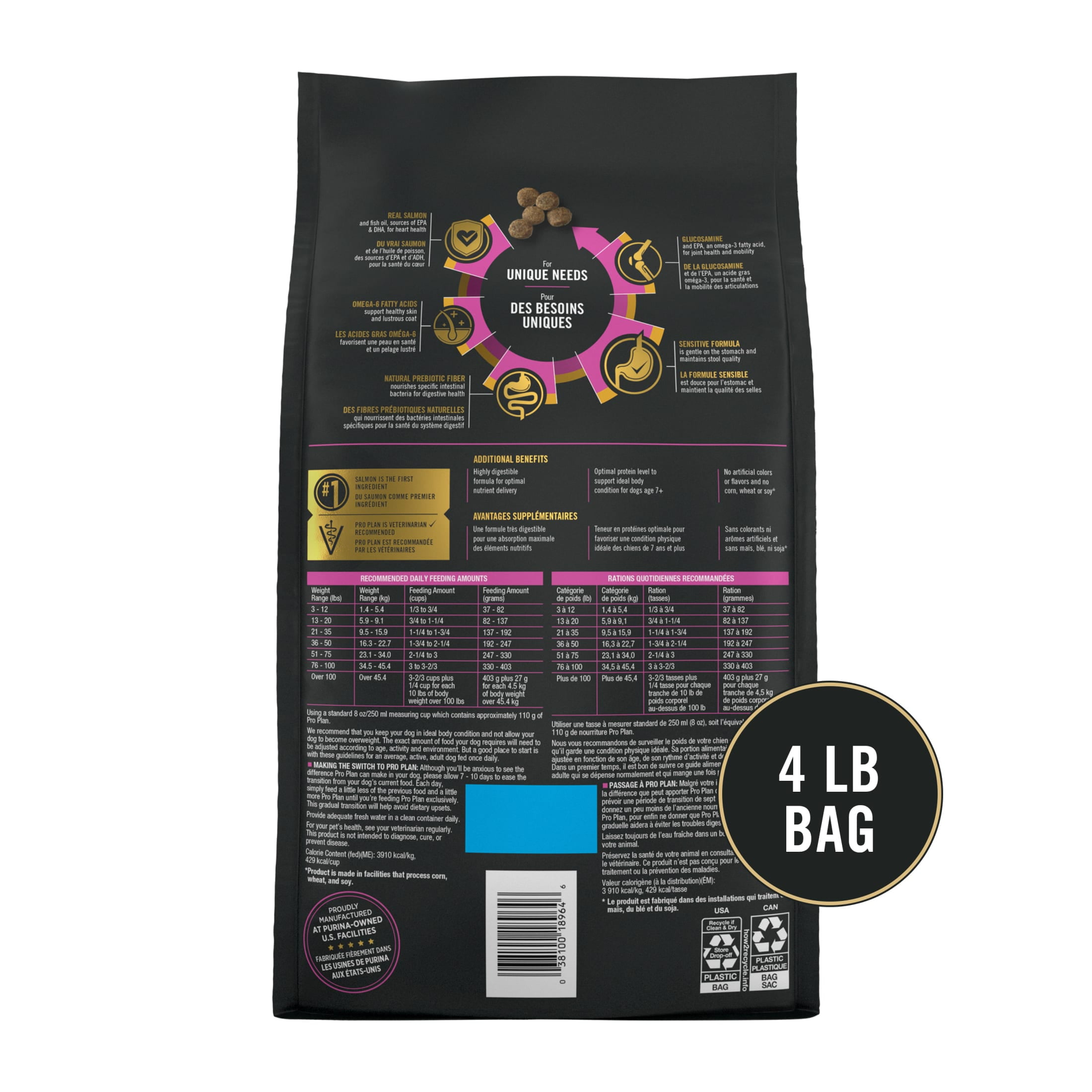 Purina Pro Plan Sensitive Skin and Sensitive Stomach Dog Food Senior Dogs Adult 7 Plus Salmon and Rice Formula, 4 lb Bag