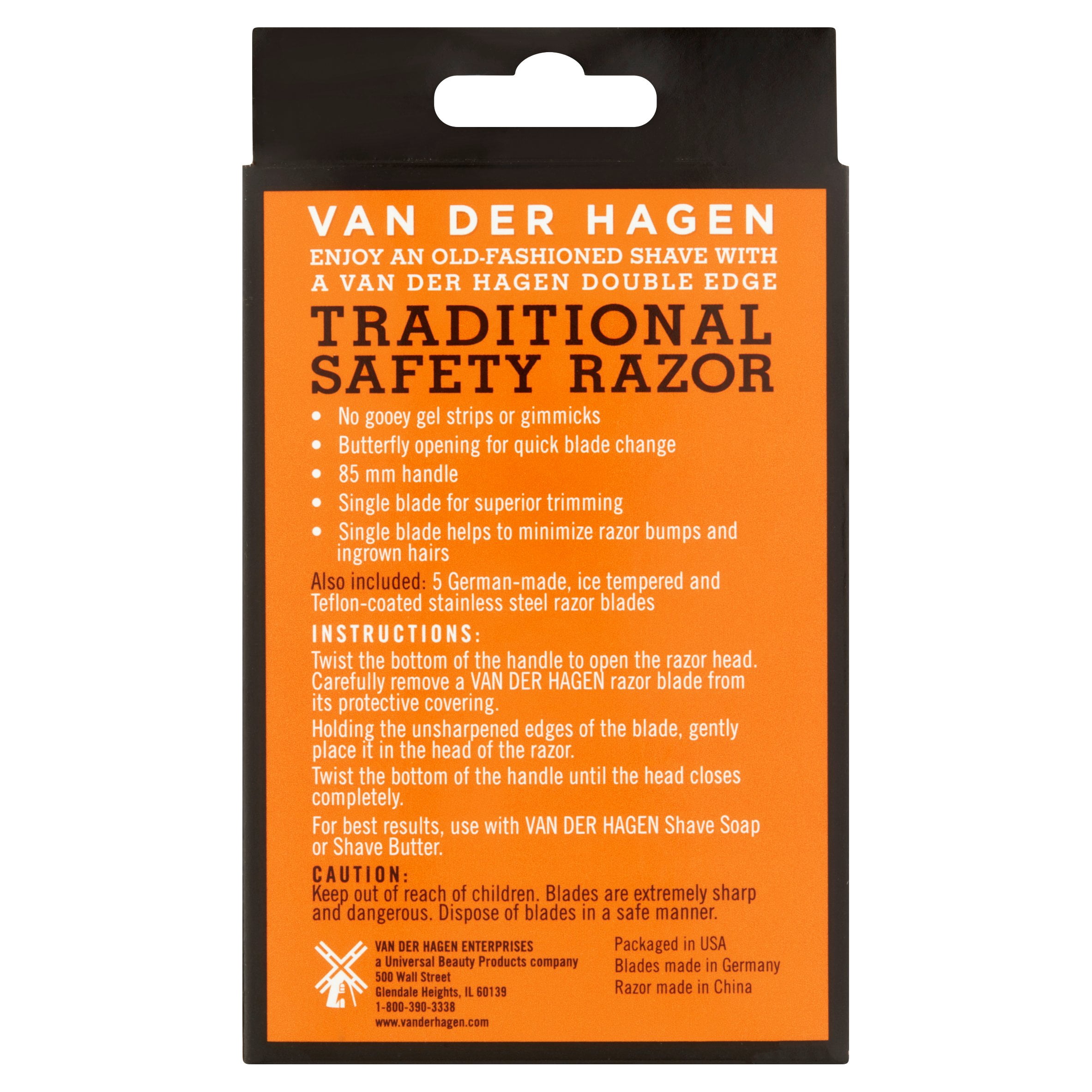 Van der Hagen Traditional Safety Razor Kit with 5 Stainless Steel Blades,  for All Skin Types, Men, Chrome Silver