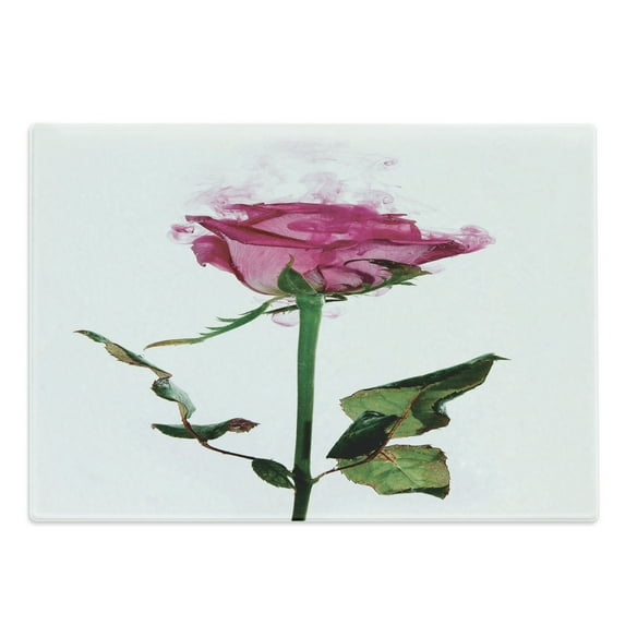 Vintage Rose Cutting Board, Single Rose Flower Branch Smoking Look Illustration, Decorative Tempered Glass Cutting and Serving Board, in 3 Sizes, by Ambesonne