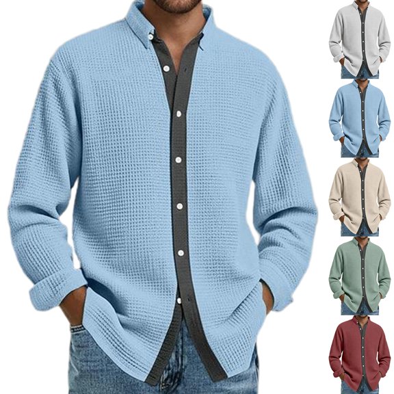 Men's Casual Long Sleeve Waffle Knit Button Down Solid Color Shirt for Spring Fall Daily Wear,Deep Red,L