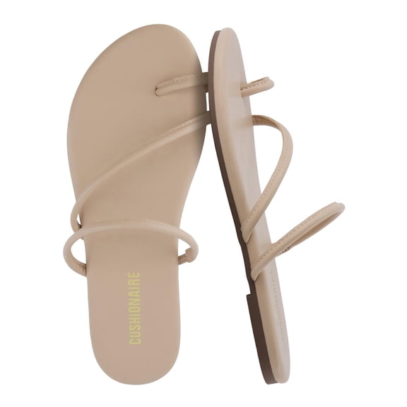 Cushionaire Resort Strappy Sandals for Women, Vegan Leather Memory Foam Flat Women's Sandals with Toe Ring