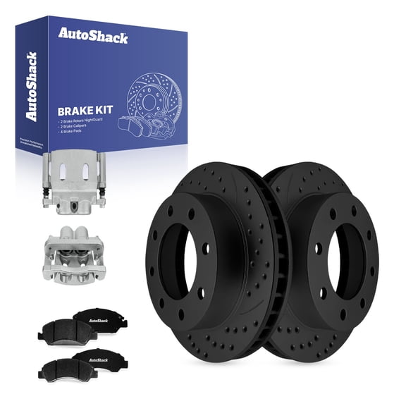 AutoShack Front Vented Drilled & Slotted E-Coated Brake Rotors Black Finish   Ceramic Pads   Calipers 8-PC Brake Kit Replacement for 2005-2007 Chevrolet Silverado 1500 NightGuard 12.8" (325 mm)
