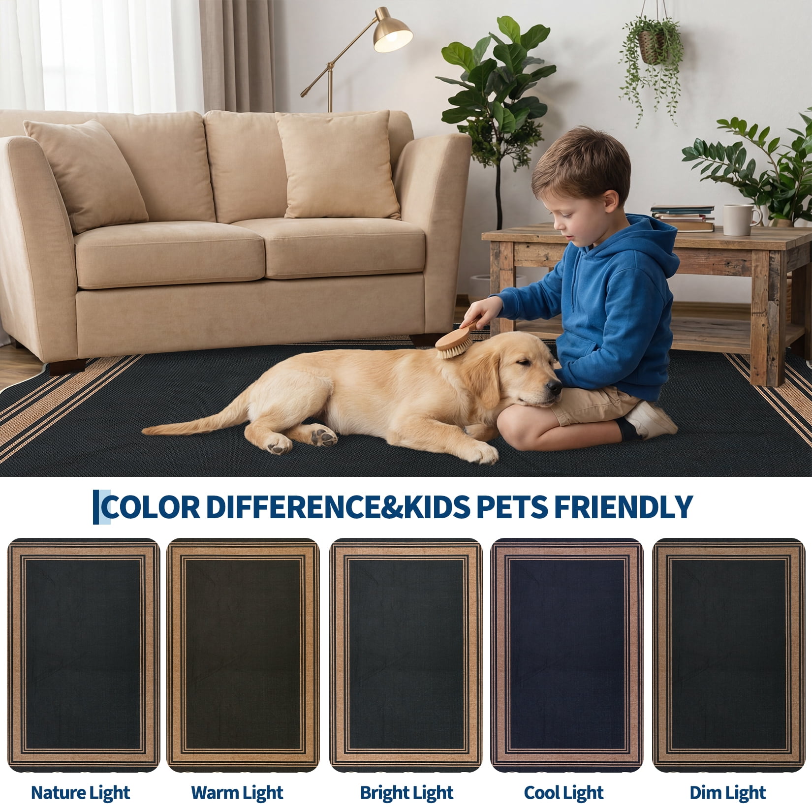 Garvee 5'x7' Scalloped Washable Indoor Outdoor Rug Natural Jute Carpet, Non Slip Low Pile Rug for Patio, Living Room, Bedroom, Home Decor, Black Coffee