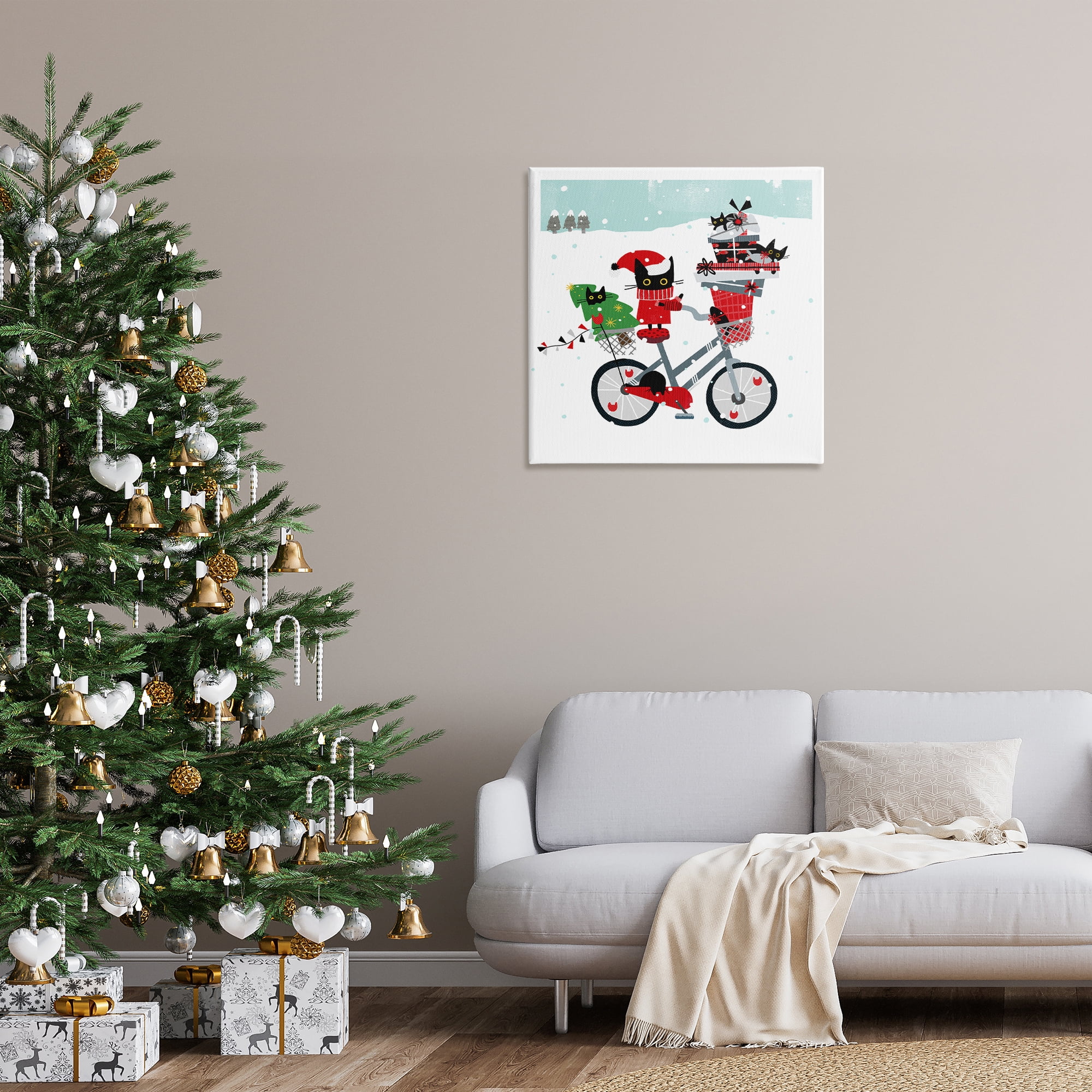 Stupell Industries Holiday Catmas Bicycle Holiday Painting Gallery Wrapped Canvas Art Prints Wall Art, 30 x 30