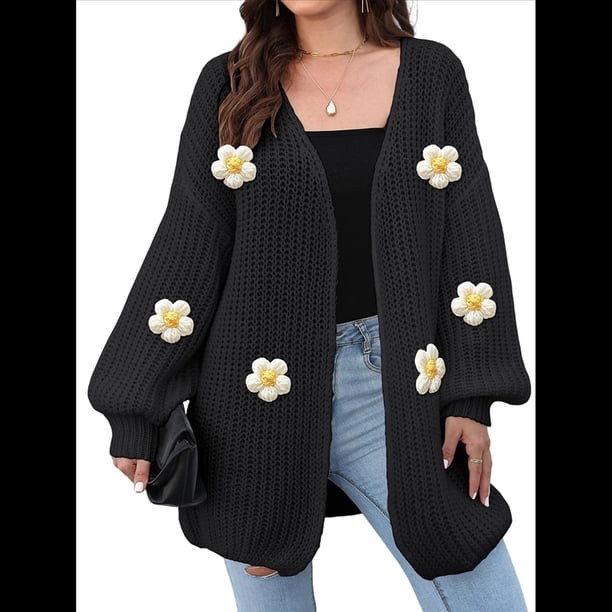Suéteres Femeninos con Cuello en V, Larga, Estampado Floral, de Punto Abierto, Sin Botones, de Moda, para Exteriores. Negro Talla Única