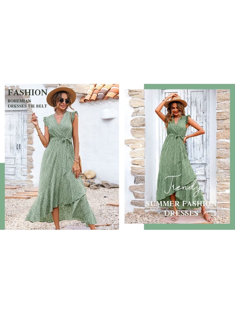 BTFBM Womens Boho Maxi Dress Summer Floral Vacation Ruffle Sleeve V Neck Wrap Spring Beach Wedding Guest Dresses