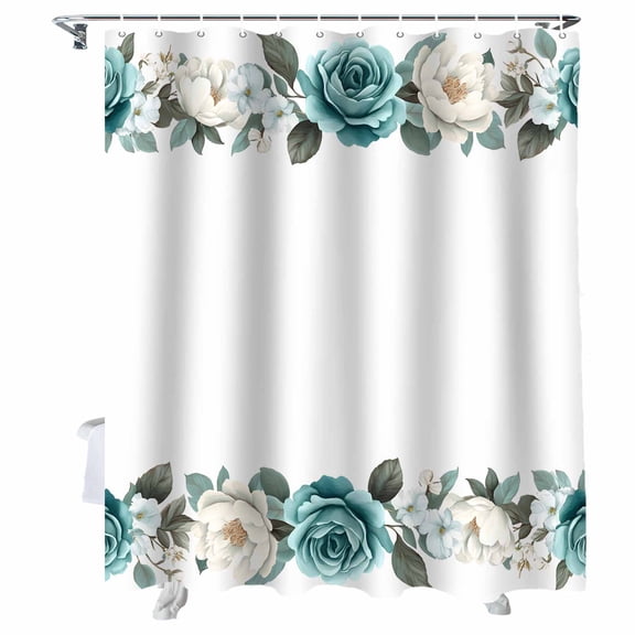 Shower Curtains Green White Flowers Bath Curtain Leaf Plant Waterproof Bathroom Shower Curtain Set with Hooks Decoration 36 x 72 Inches